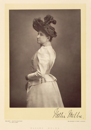 Dame Nellie Melba (1861-1931), operatic soprano, portrait photograph (sepia photo)