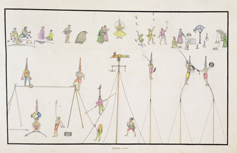 Acrobats, Jugglers, Impersonators, Entertainers from 'The Gentil Album', published in 1774 (gouache on paper)