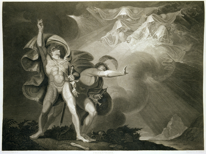 Macbeth, Banquo and the Three Witches on the Heath in Act I, Scene III of 'Macbeth' by William Shakespeare (1564-1616) published 1805 (engraving)