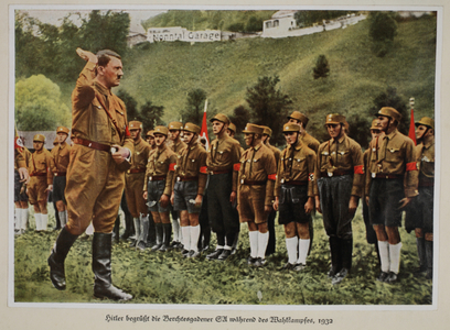 Hitler Welcomes the SA of Berchtesgaden during the Election Campaign, 1932, from 'Germany Awakened' (colour litho)