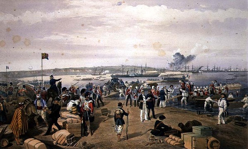 Disembarkation of the Expedition to Kertch at Kamish Bournou, plate from 'The Seat of War in the East', pub. by Paul & Dominic Colnaghi & Co., 1856 (litho)