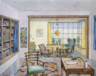 Library, by W. Schneider, from 'Modern Interiors in Colour', published by Julius Hoffman, Stuttgart, 1929 (colour litho)
