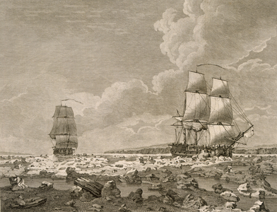 The Racehorse and Carcass forcing through the ice, August 10th 1773, from 'A Voyage Towards the North Pole Undertaken by His Majesty's Command 1773', published London 1774 (engraving)