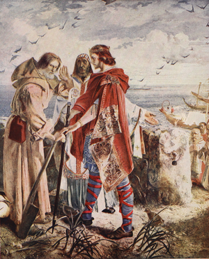 Egfrith offering the Bishopric of Hexham to Cuthbert, 678, illustration from 'Hutchinson's Story of the British Nation', c.1920 (colour litho)