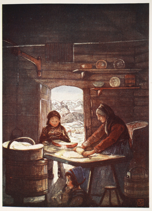 Making "Flad-Brod": a cottage interior, 1905 (colour litho)