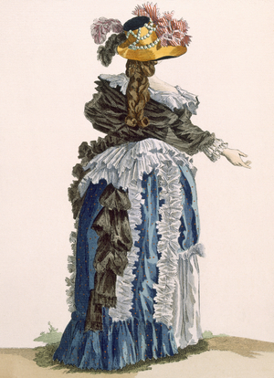 Back view of ladies gown, engraved by Dupin, plate no.247 from 'Galeries des Modes et Costumes Francais', c.1778-87 (coloured engraving) 99:clothing; traditional dress; traditional costume; fashion; illustration; c18th; fashionable; clothes; Jeune Dame en Carracot - Pierrot; pearled headgear; female; hat; bonnet; blue dress; white frill; black shawl; walking; promenade; walk;