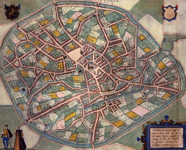 Map of Tienen, from 'Civitates Orbis Terrarum' by Georg Braun (1541-1622) and Frans Hogenberg (1535-90) c.1572-1617 (coloured engraving)