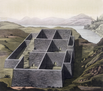 Remains of an Inca palace at Callo, Peru, from 'Le Costume Ancien et Moderne', Volume II, plate 23, by Jules Ferrario, published c.1820s-30s (colour litho)
