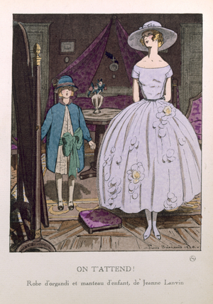 Gazette du Bon Ton: No.6, On T'Attend, organdie dress and coat for a child by Jeanne Lanvin, 1920 (colour litho)