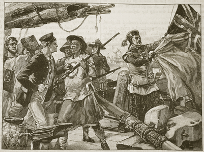 Chinese officers hauling down the British Flag on the 'Arrow', 8th October, 1856, illustration from 'Cassell's Illustrated History of England' (engraving) (sepia photo)