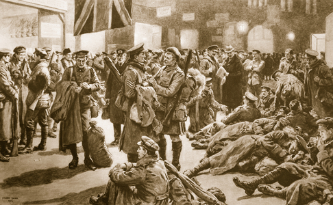 After the Fleeting Furlough: British veterans awaiting the Flanders trench special at Victoria, 1914-19 (litho)