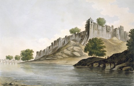 Pl. 33 A View of the Fort of Ilionpoor upon the Banks of the River Goomty from 'Select Views in India', pub. 1785-88 (coloured etching with aquatint)