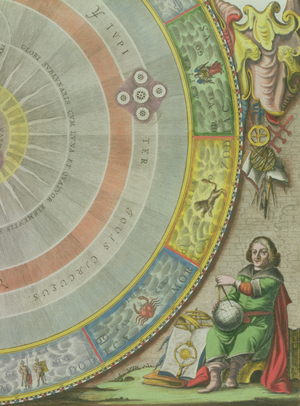 Nicolaus Copernicus (1473-1543), detail from a Map showing the Copernican System of Planetary Orbits, 'Planisphaerium Copernicanum', from 'The Celestial Atlas, or The Harmony of the Universe' (Atlas coeslestis seu harmonia macrocosmica) pub. by Joannes Janssonius, Amsterdam, 1660-61 (hand coloured engraving) (detail of 22556)