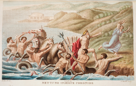 Neptune and Coronis or Nettuno Inseque Coronide, Book II, illustration from Ovid's Metamorphoses, Florence, 1832 (hand-coloured engraving)