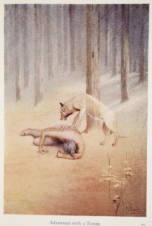Adventure with a Totem, illustration from 'Myths and Legends of the North-American Indians' by Lewis Spence (colour litho)