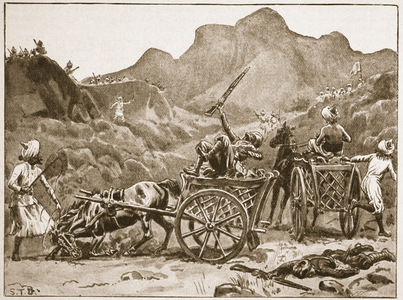 An incident in the Tochi Valley Expedition: an attack on the mail carts, illustration from 'Battles of the Nineteenth Century' Vol. V: Campaigns of the Nineties, by A. Hilliard Atteridge (litho)