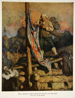 When, climbing on the roof, he had with his own hand bent and run up the colors, an illustration from 'Treasure Island' by Robert Louis Stevenson, pub. by Charles Scribner's Sons, 1911 (colour litho)
