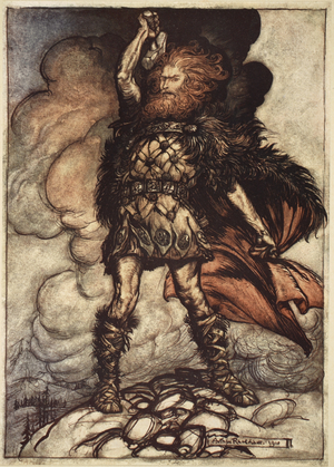 'To my hammer's swing Hitherward sweep Vapours and fogs! Hovering mists! Donner, your lord, summons his hosts!', illustration from 'The Rhinegold and the Valkyrie', 1910 (colour litho)