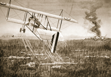Squadron-Commander Davies ascending in his aeroplane after taking Flight Sub-Lieutenant Smylie on board (litho)