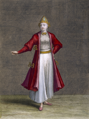A Bulgarian Girl, plate 83 from 'Collection of One Hundred Prints Representing the Different Nations of the Levant' by Charles de Ferriol, engraved by Jean-Baptiste Haussard (fl.1679-1749), 1707-08 (coloured engraving)