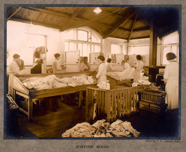A sorting room at a laundry in Bath, England, c.1925-35 (b/w photo)