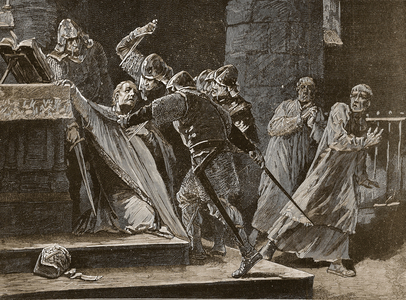The murder of Becket in Canterbury Cathedral, illustration from 'Cassell's Illustrated History of England' (engraving) (sepia photo)