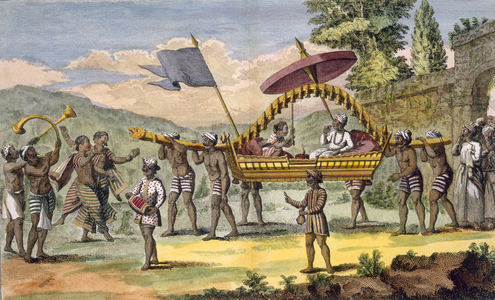 Newly married couple being taken for a promenade in a palanquin with musicians accompanying, illustration from 'Voyage aux Indes et a la Chine', engraved by Poisson, 1782 (colour engraving)