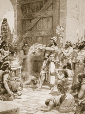 Shalmaneser I pours out the dust of Arina before his god Ashur, illustration from 'Hutchinson's History of the Nations' (litho)