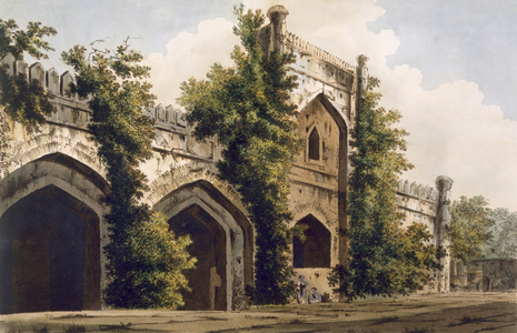A view of a Mosque, at Rajemahel, 1785-88 (coloured aquatint)