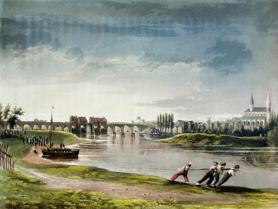 Poissy, from 'Views on the Seine', engraved by Thomas Sutherland (b.1785) published by R. Ackermann (1764-1834) 1821 (colour litho)