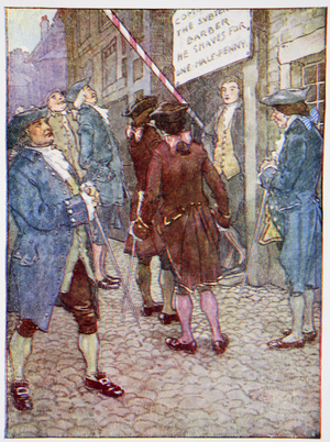 Richard's shop soon became the fashion, illustration from 'Our Island Story' by H.E. Marshall, published by T.C. & E.C. Jack Ltd, London, 1905 (colour litho)