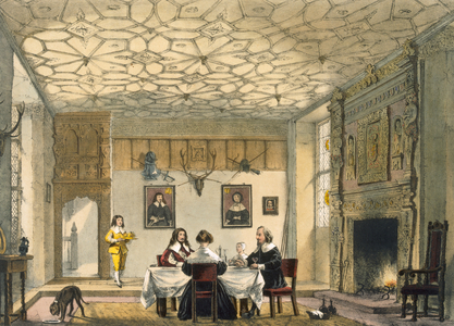 Medieval family supper, Wakehurst Place, Surrey, c.1600 from 'Architecture of the Middle Ages', published 1838 (colour litho)