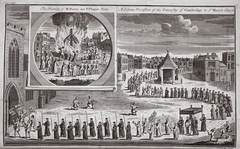 The burning of M. Bucer and Phagius Bones, and A Solumn Procession of the University of Cambridge to St. Mary's Church, illustration from 'Foxes Martyrs' c.1703 (litho)
