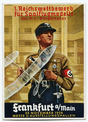 Postcard for the first national model aeroplane competition, Frankfurt, 1938 (colour litho)