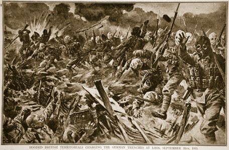 Hooded British Territorials Charging the German Trenches at Loos, September 25th, 1915, 1914-19 (litho)