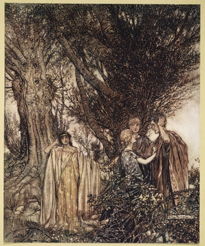..Are you sure, That we are awake? It seems to me That yet we sleep, we dream, illustration from 'Midsummer Nights Dream' by William Shakespeare, 1908 (colour litho)