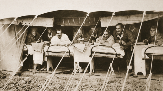 A sample of departmental efficiency in the allied army at Salonika, a British field-hospital tent, from 'The Illustrated War News' (b/w photo)