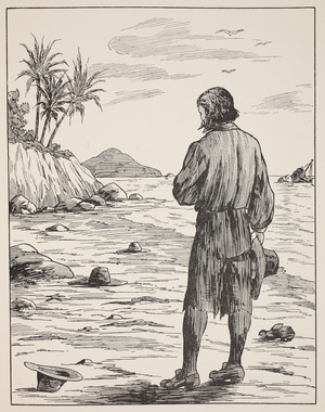 Robinson Crusoe on his island, illustration from 'The Story of Robinson Crusoe: An adaptation for children following Defoe's language', pub. by Griffith Farran Browne & Co. Limited, London (litho)