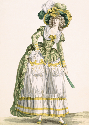 Lady's country style gown, engraved by Bacquoy, plate no.228 from 'Galeries des Modes et Costumes Francais', 1780 (coloured engraving)