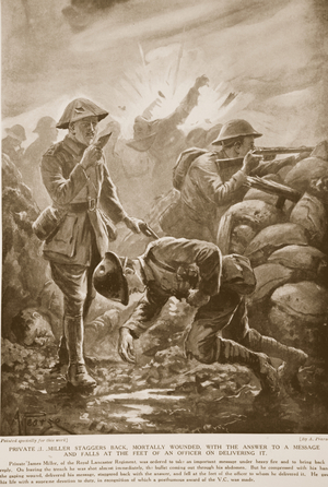 Private J. Miller staggers back, mortally wounded, with the answer to a message and falls at the feet of an officer on delivering it (litho)