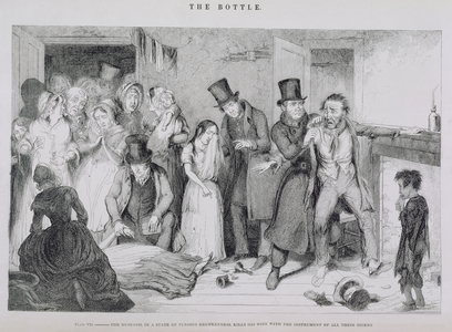 The Bottle, Plate VII, The husband, in a state of furious drunkenness, kills his wife with the instrument of all their misery, 1847 (engraving)