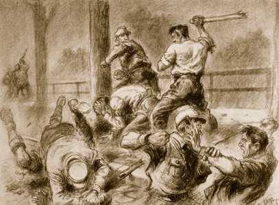 The assassination of 'comrade' Georg Hirschmann in Munich, 26th May 1927, from 'Geschichte der SA' by Wilhelm Rehm, pub. by Franz Eher Nachf, 1938 (litho)