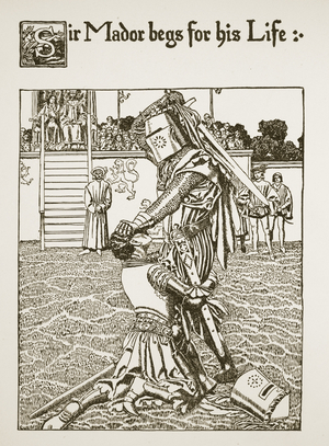 Sir Mador begs for his life, illustration from 'The Story of the Grail and the Passing of Arthur', c.1910 (litho)