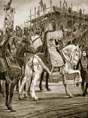 Edward the Confessor watching the building of Westminster Abbey, the first Norman church erected in England, illustration from 'Hutchinson's Story of the British Nation', c.1923 (litho)