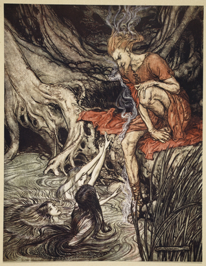 The Rhine's pure gleaming children told me of their sorrow, illustration from 'The Rhinegold and the Valkyrie', 1910 (colour litho)
