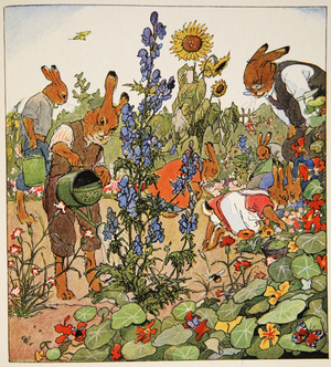 Gardening lesson, illustration from 'De Haschenschule, ein Lustiges Bilderbuch' by Fritz Koch-Gotha and Albert Sixtus, 1924 (colour litho)