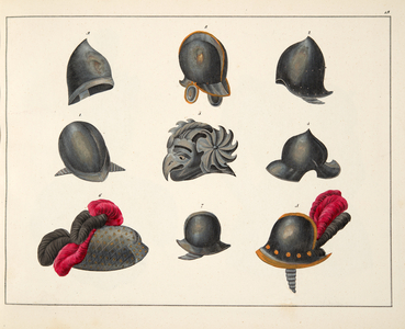 Helmets, plate from 'A History of the Development and Customs of Chivalry', by Dr. Franz Kottenkamp, published by Carl Hoffmann, 1842 (colour litho)