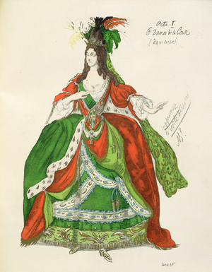 Costume for a female courtier and dancer, from Sleeping Beauty, 1921 (colour litho)