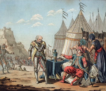 Philippe Villiers de L'Isle-Adam (1464-1534) refuses the propositions of Sulayman I (1494-1566), 1522, engraved by Jean Baptiste Morret (fl.1790-1820), 1792 (colour litho)