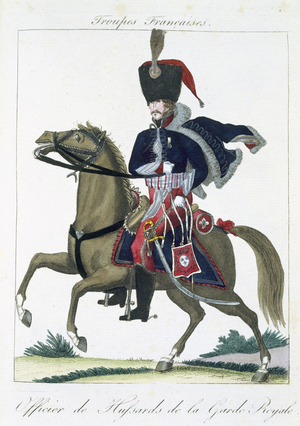 Mounted officer of the Hussars of the Royal Guard, from 'Troupes Francaises', pub. chez Basset, Paris, c.1790 (colour litho)